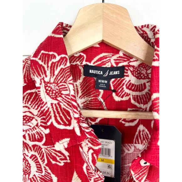 Nautica Jeans Red Floral Print Lace Trim Siesta Key Beach Shirt Size M - Picture 5 of 13